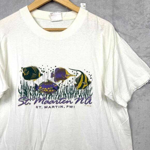 Vintage 1987 St. Maarten NA Fish Graphic T-Shirt L USA Made Single Stitch Ocean - Picture 2 of 10